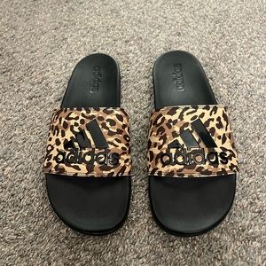 adidas Leopard Print Slide Sandals - Black and Brown